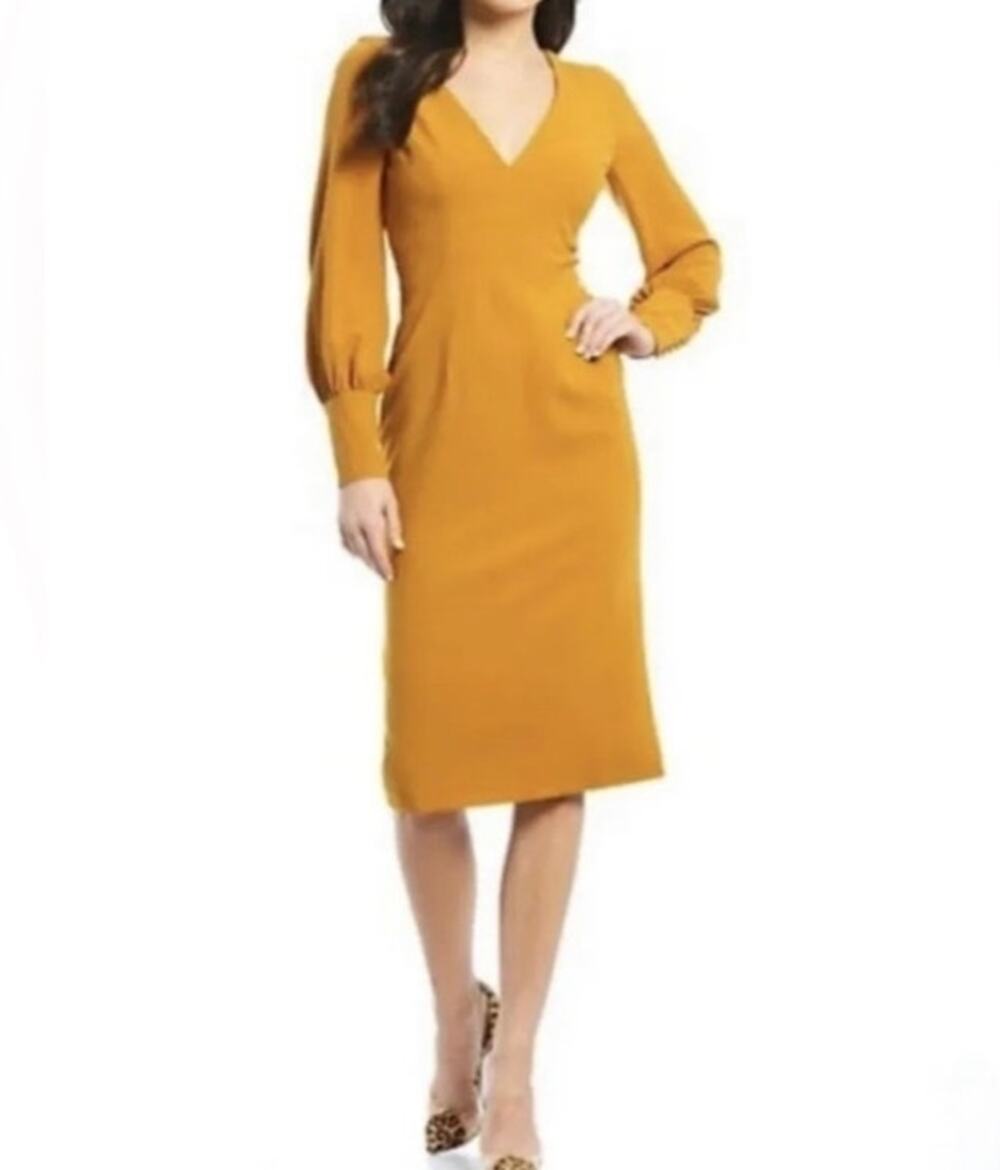 Dress The Population Dress Medium Mustard Yellow V-Neck Dressy Wedding Guest NWT